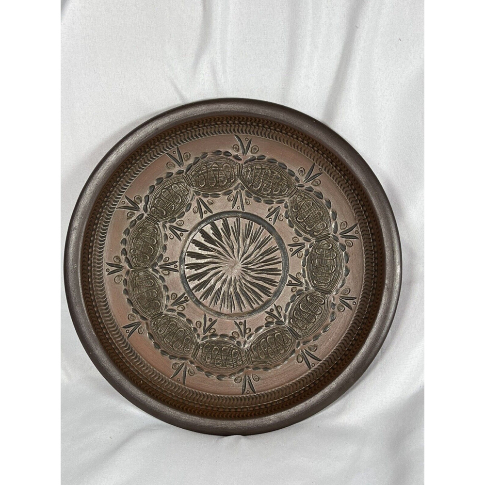 Vintage German Handarbeit Art Pottery Terracotta Platter Plate 11 1/2” Diameter